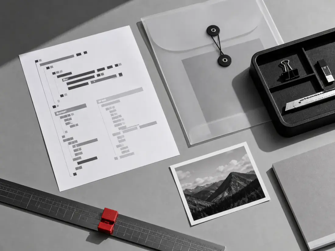 An organized workbench with documents, a photograph and precision tools